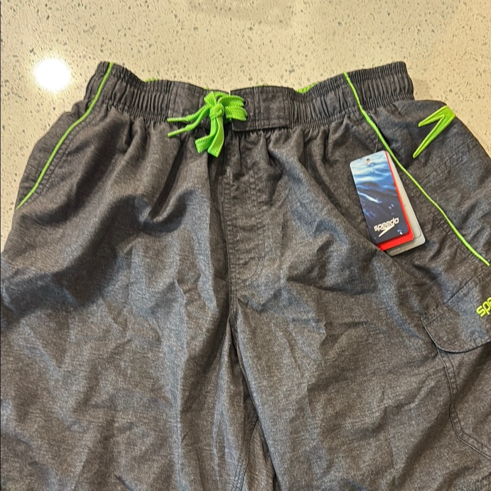 Speedo Gray and Green Swim Trunks with Neon Details